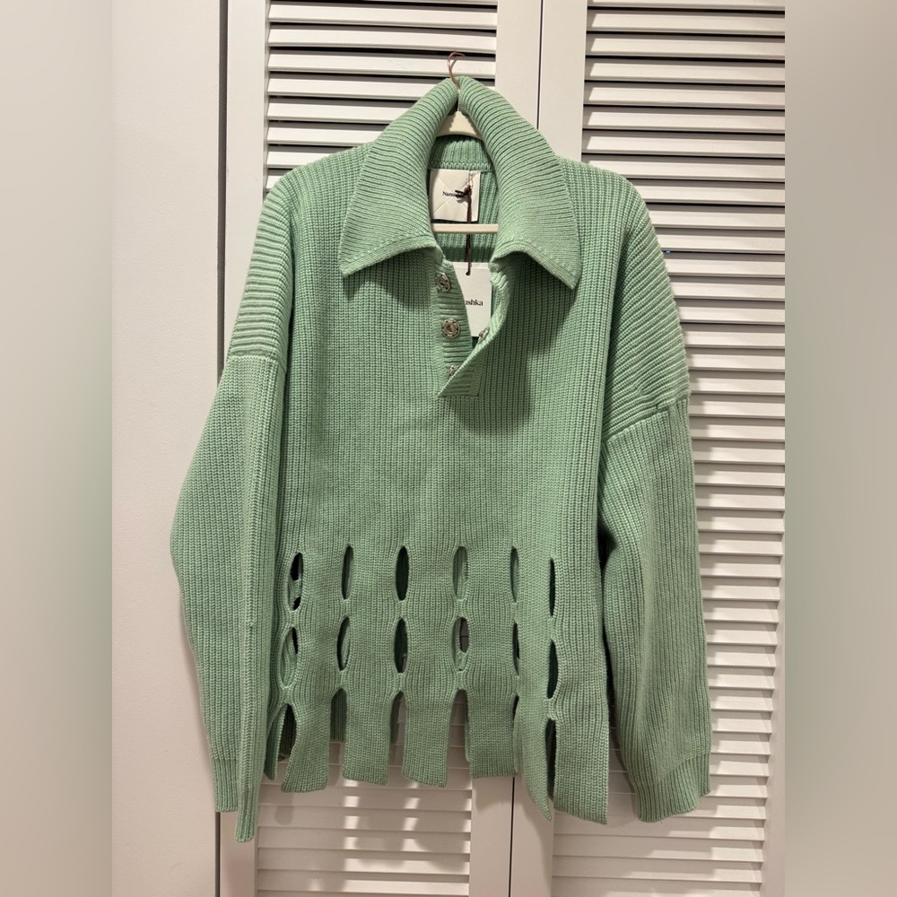 Nanushka Cashmere Mint Green Sweater with Cut-Out Design